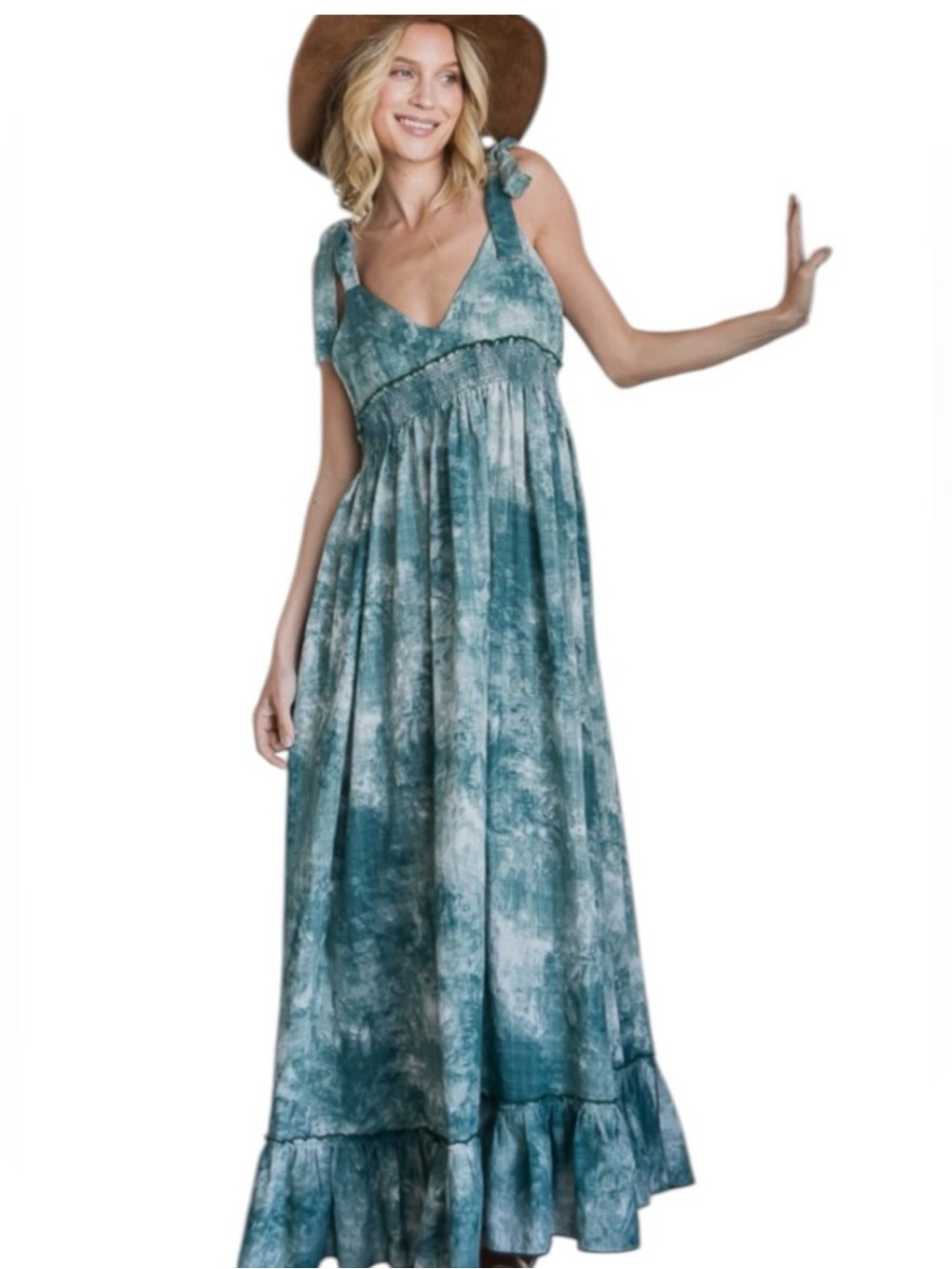 BUCKETLIST Teal Tie-Dye Tie-Shoulder Maxi Dress